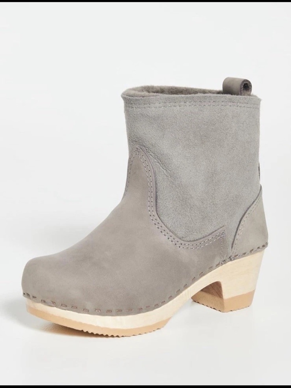 No.6 Store 5" Pull On Shearling Clog Boots Grey Suede Wooden Heel